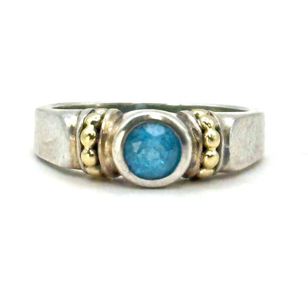 Lagos Vintage Signature Caviar Blue Topaz , Sterling Silver & 18 Kt Gold Ring 7